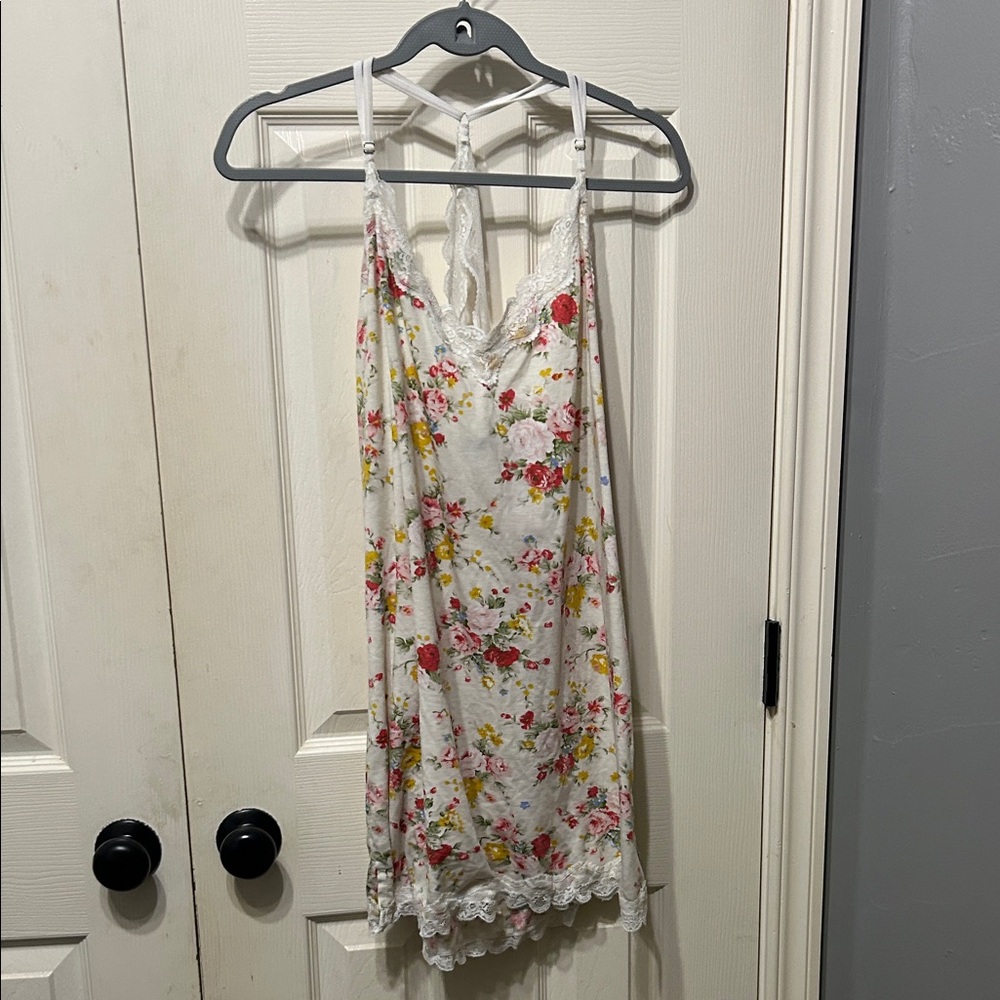 Floral Lace Trim Chemise - White and Pink